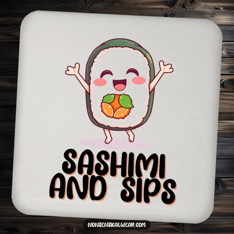 Funny drink coasters depicting a delighted sushi roll character joyfully dancing, perfect for adding humor to any table setting.