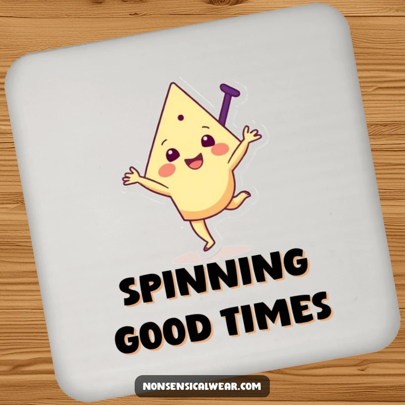 Funny drink coaster showcasing a joyful triangular character mid-cartwheel, adding geometric fun and protection to surfaces.