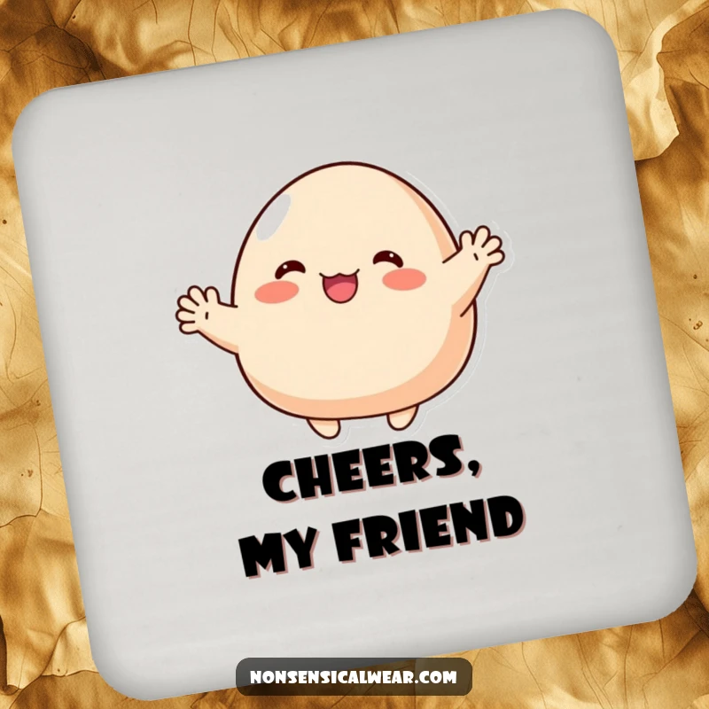 Funny Drink Coasters: A cute blob character enthusiastically waving with tiny, stubby arms, protecting tables with a smile.