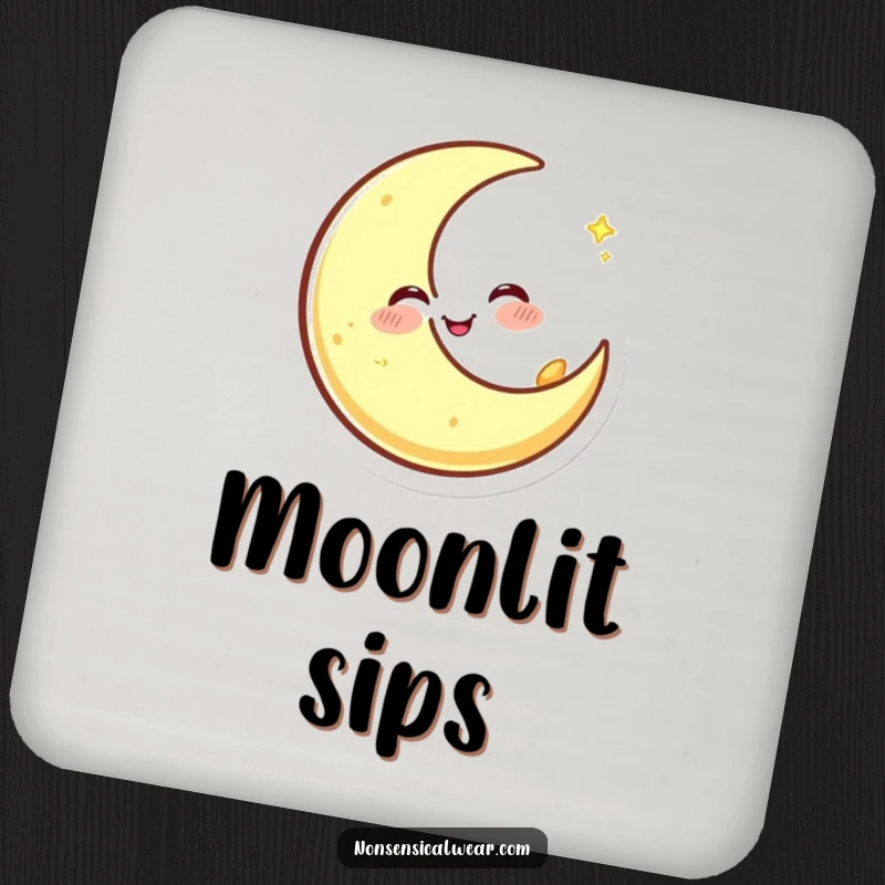 Funny drink coaster with a happy crescent moon character winking and spinning, adding a touch of lunar fun to drinks.