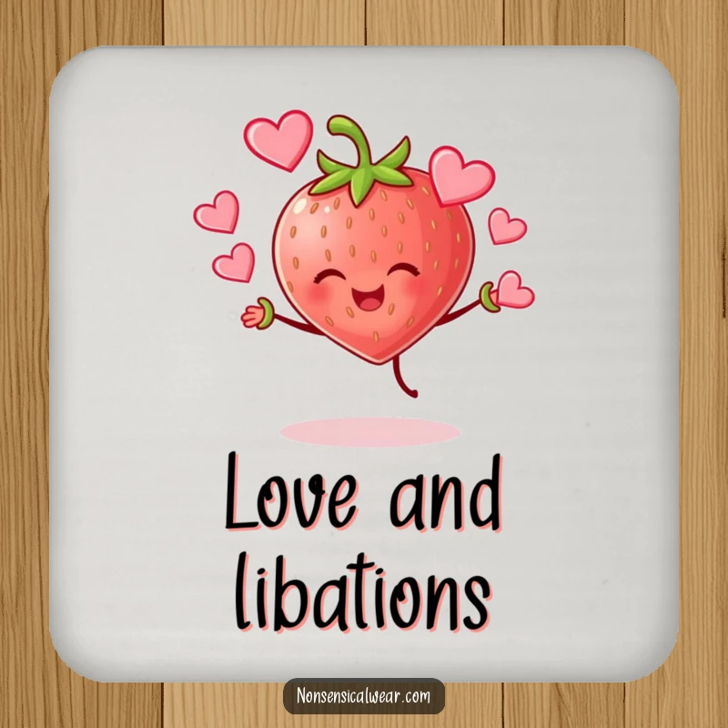Funny cheerful strawberry character joyfully juggling hearts on drink coasters, adding sweet and funny charm.