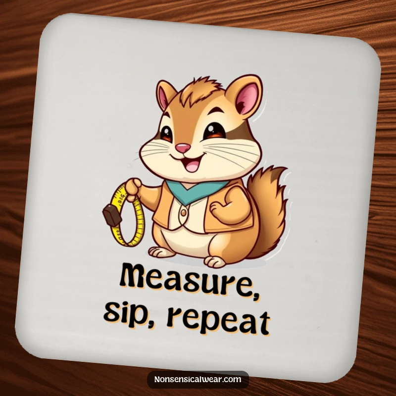 Funny Chipmunk Coaster: A chipmunk wearing a vest holds a tiny measuring tape, protecting surfaces with charm.