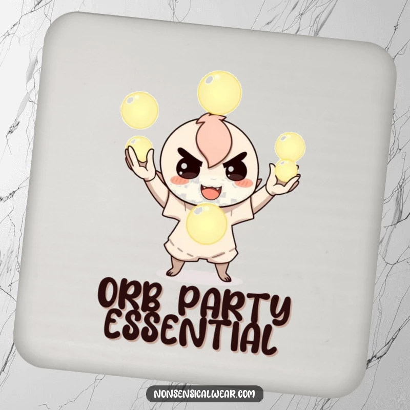 Funny drink coaster featuring a mischievous character juggling glowing orbs, protecting surfaces with magical and playful artwork, a charming housewarming gift.