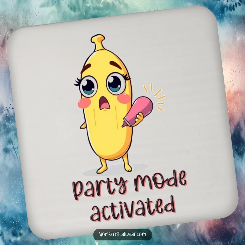 Funny surprised banana character with wide eyes holding a party popper on a drink coaster, a small yet humorous protective accessory.