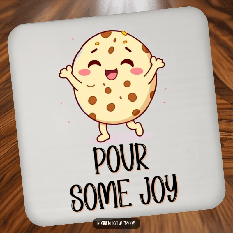Funny delighted cookie character doing a happy dance with sprinkles on a drink coaster, a small yet humorous protective accessory.