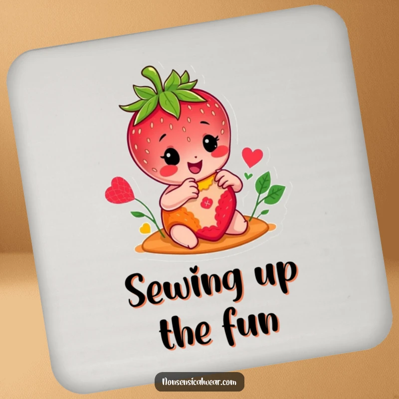 Funny drink coaster featuring a cheerful strawberry character engaged in stitching a colorful patch, protecting surfaces with humor.