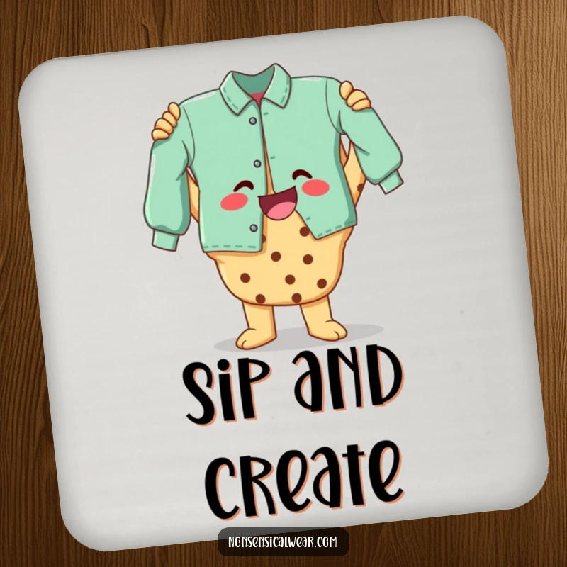 Funny drink coaster featuring a cheerful cookie character proudly holding a finished garment, protecting surfaces with charm.
