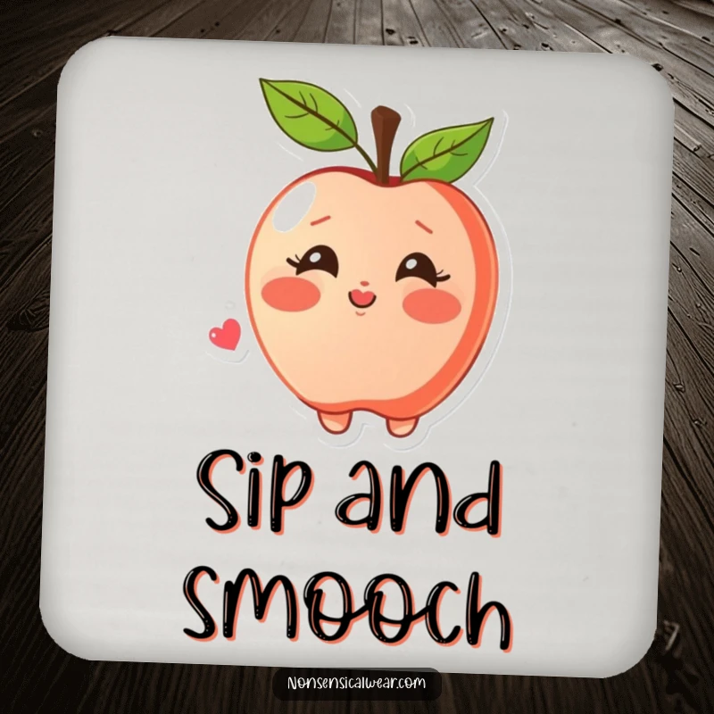 Funny drink coasters depicting a blushing apple character joyfully blowing a kiss, perfect for adding sweet humor to tabletops.