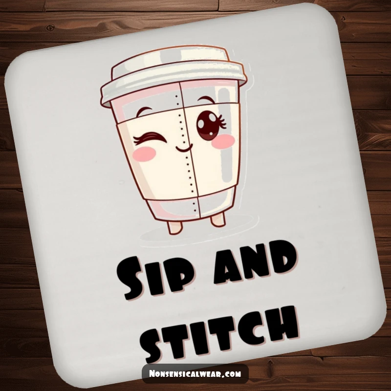 Funny drink coaster featuring a winking coffee cup character proudly displaying a perfectly sewn seam, offering humorous surface protection.