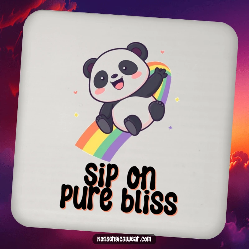 Funny Kawaii Panda coaster featuring a panda sliding down a colorful rainbow, adding charm to any drink.