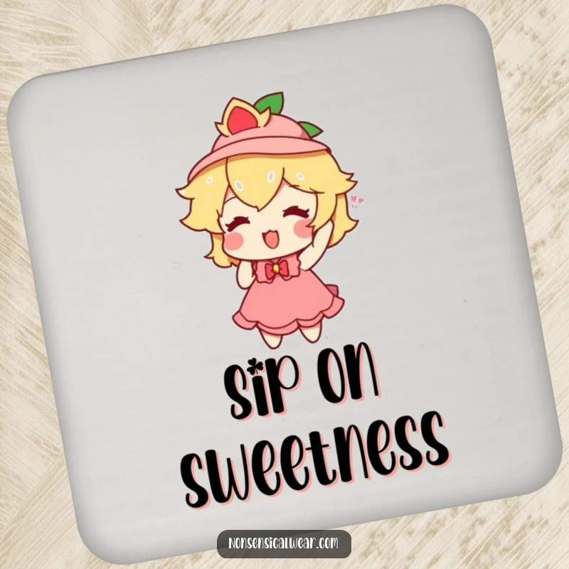 Funny peach character joyfully donning a miniature hat on a protective drink coaster, adding playful charm.