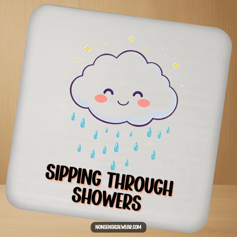 Funny drink coaster with a cute, grinning cloud character showering gentle, sparkling raindrops, adding a touch of whimsy.