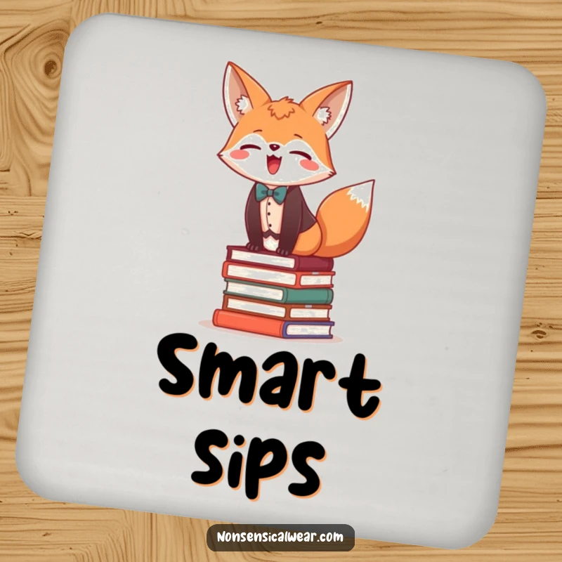 Funny coaster design of a giggling fox in a vest and bow tie, balancing on books.