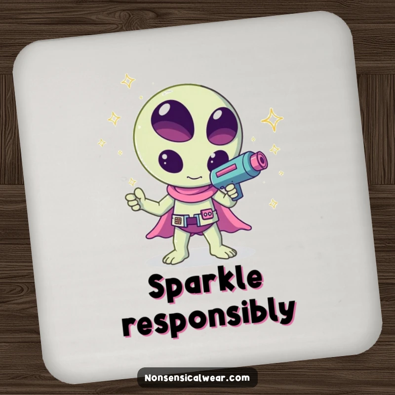 Funny kawaii alien waving a ray gun that shoots sparkles, a humorous and celestial design on this drink coaster, perfect for tabletops.