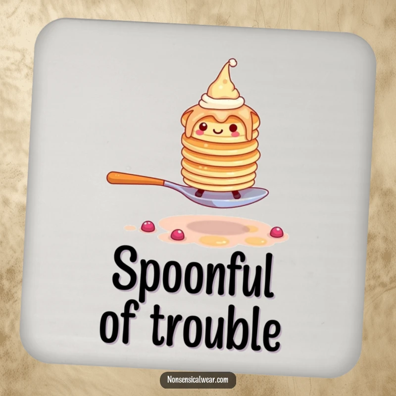 Funny pancake coaster illustration of a wobbly stack wearing tiny hats, walking on a spoon.