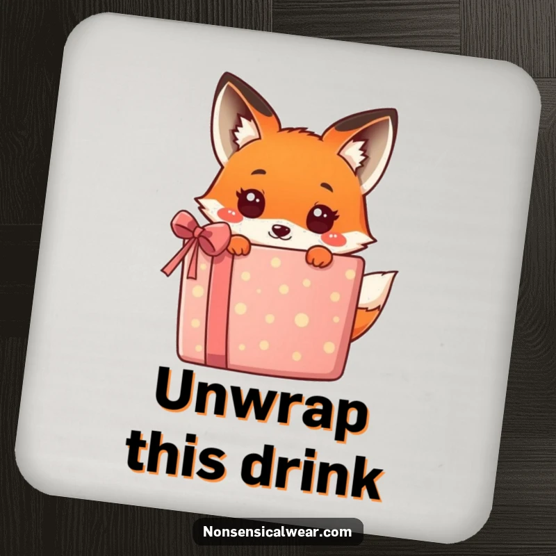 Funny kawaii fox peeking behind a colorful gift, a charming and humorous design on this drink coaster, perfect for tabletops.