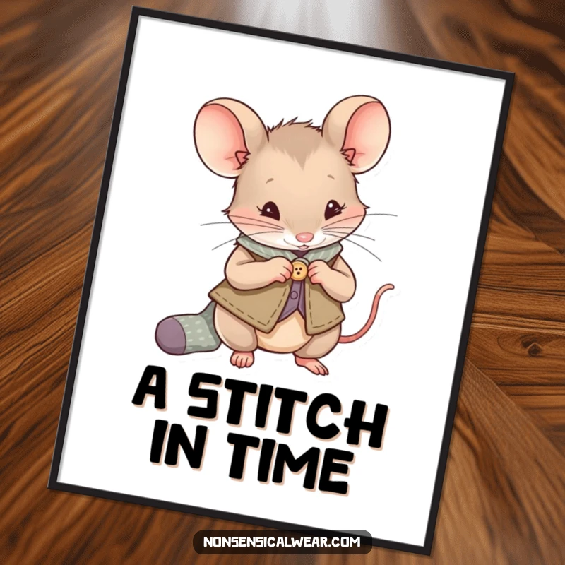 Funny Mouse Poster: A curious mouse wearing a vest sews a button onto a small sock, creating charming wall art.