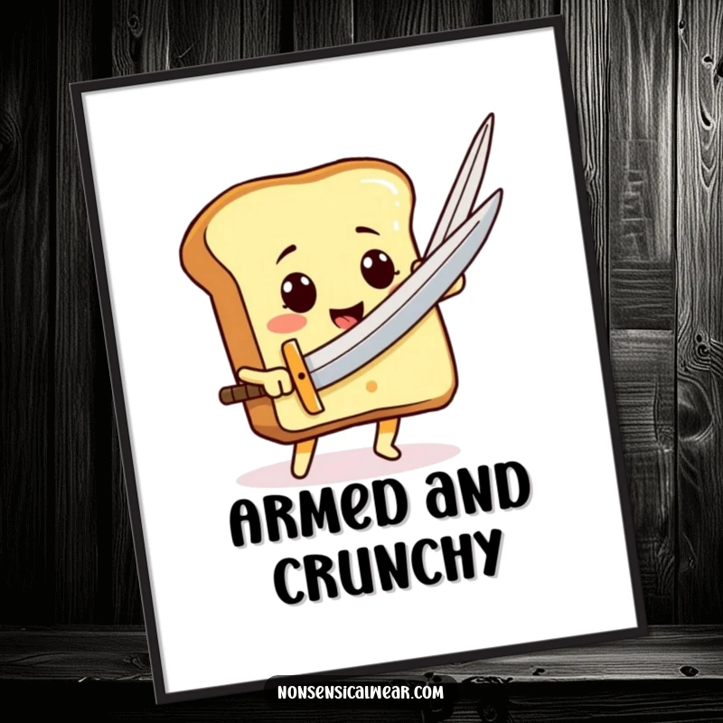 A smiling toast character brandishing a giant needle like a sword, creating a heroic and funny piece of wall art.