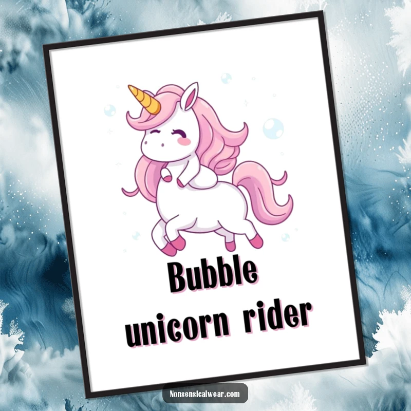 Funny poster depicting a giggling character on a unicorn formed from delicate, shimmering bubbles, capturing a whimsical and enchanting scene of pure delight.