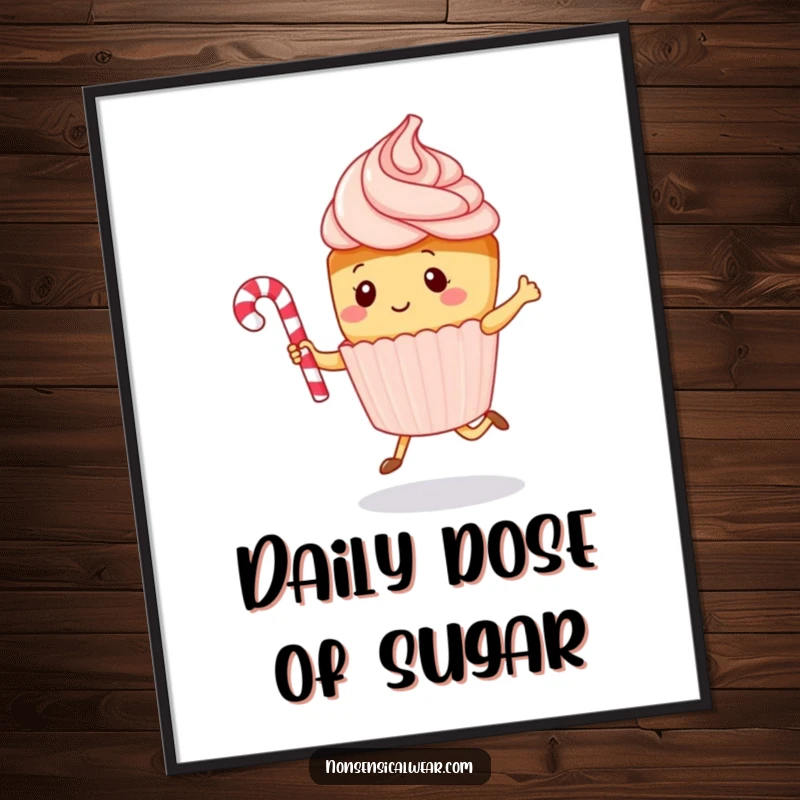 Funny kawaii cupcake character enthusiastically jumping rope with a candy cane, designed as vibrant wall art, a humorous decorative piece.