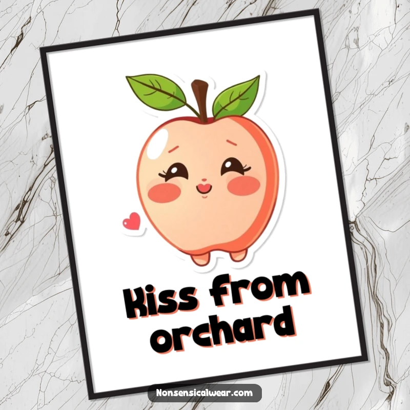 Funny apple poster illustrating a blushing apple character joyfully blowing a kiss, perfect for adding romantic charm to walls.