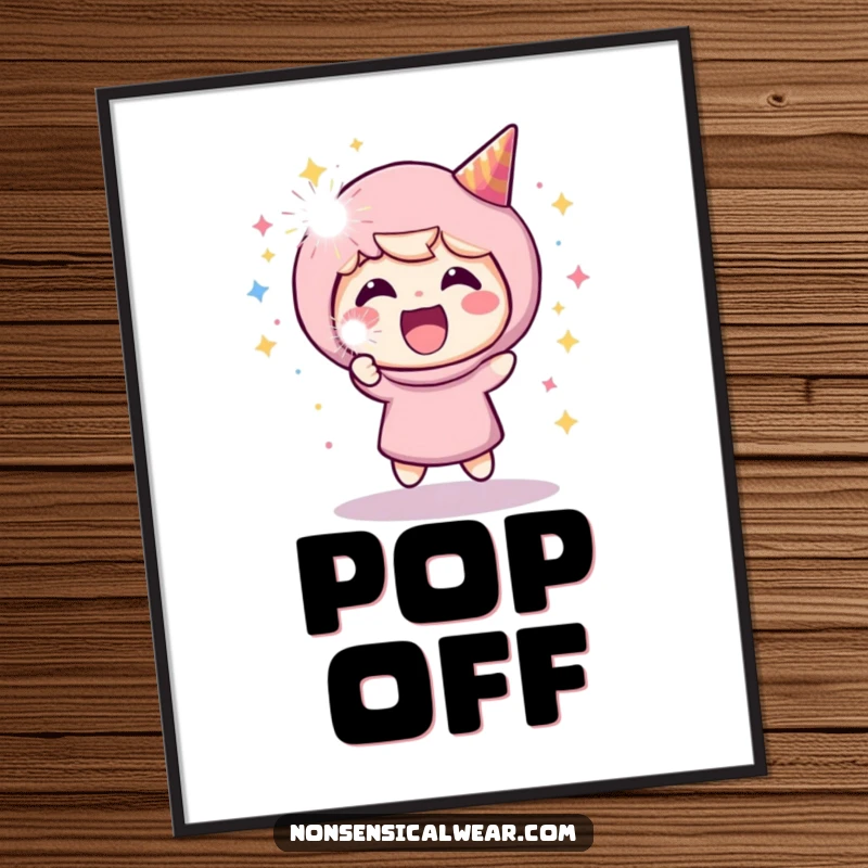 Funny poster art of a delighted character shooting a colorful party popper, creating a festive and cheerful atmosphere.