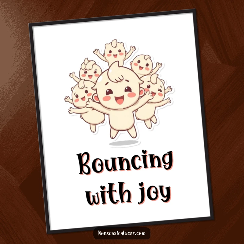 Funny poster depicting a happy character energetically splitting into multiple bouncing duplicates, capturing a scene of pure, amplified joy and playful movement.
