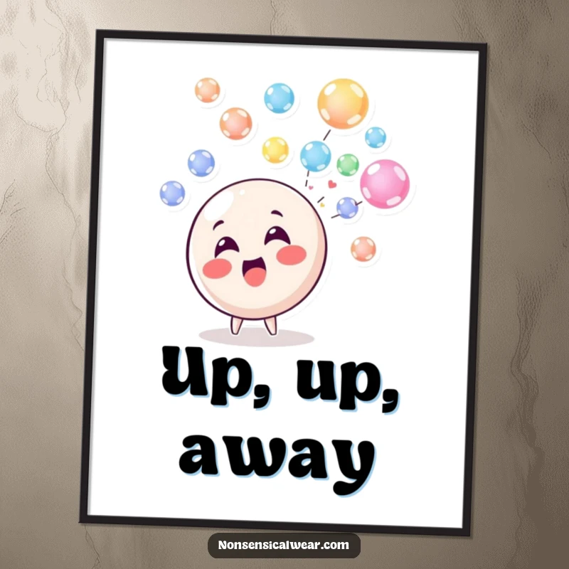 Funny Poster: A delighted circle character blowing a vibrant stream of colorful, floating bubbles, adding a touch of joy.