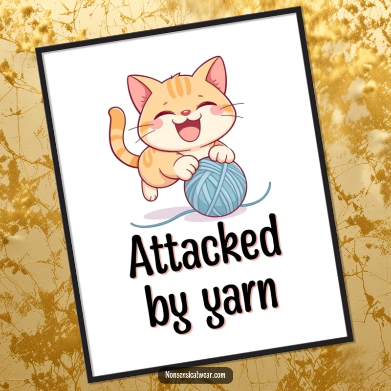 Funny cat poster capturing a mischievous cat character mid-pounce on a bouncy ball of yarn, creating a scene of playful delight.