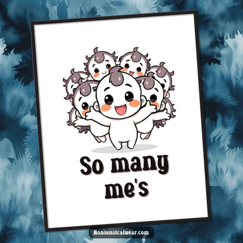 Funny poster art of a joyful character splitting into many energetic, bouncing duplicates, creating a dynamic and happy scene.