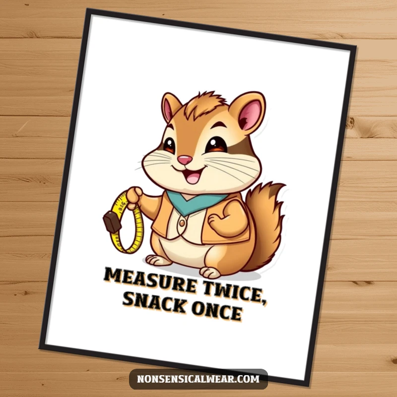 Funny Chipmunk Poster: A happy chipmunk wearing a vest holds a tiny measuring tape, creating humorous DIY-themed wall art.
