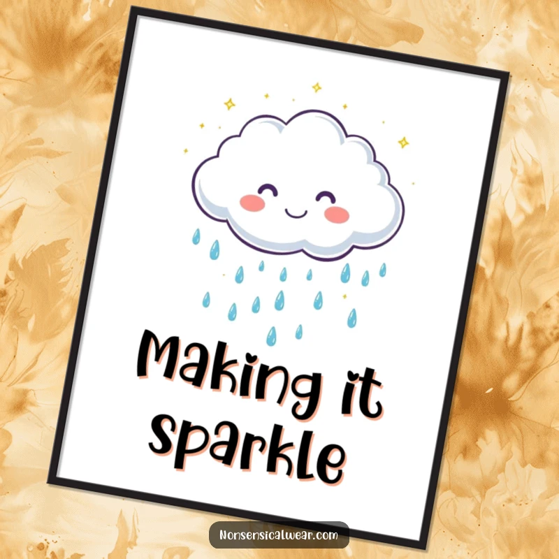 Funny poster featuring a cute, smiling cloud character showering gentle, sparkling raindrops, creating a cheerful and whimsical atmosphere.