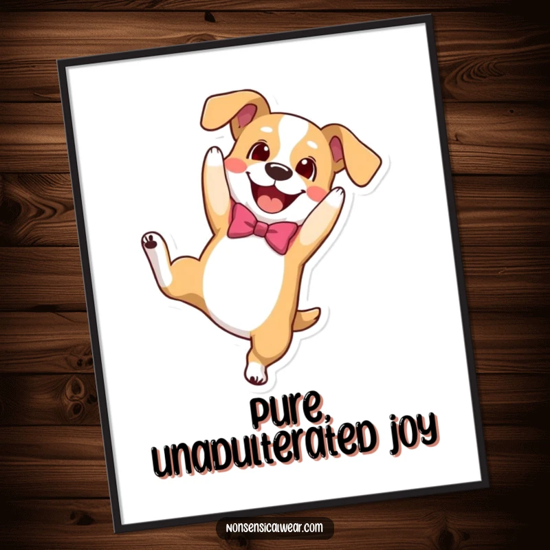 Funny poster illustrating a happy dog in a bowtie performing an energetic somersault, capturing playful canine motion.