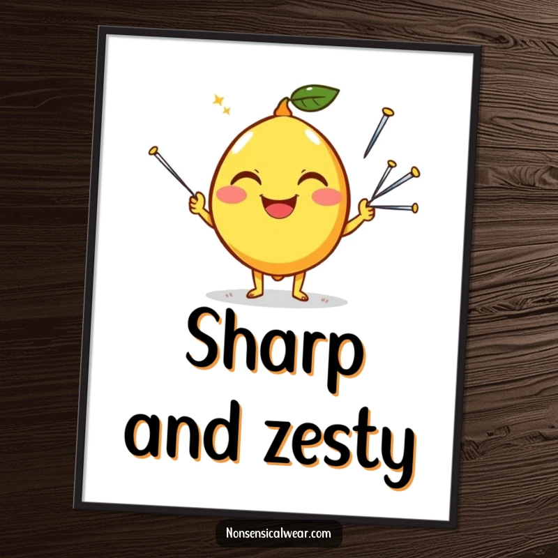 Funny poster art of a happy lemon character with a silly grin, skillfully juggling sharp sewing needles in a humorous display.