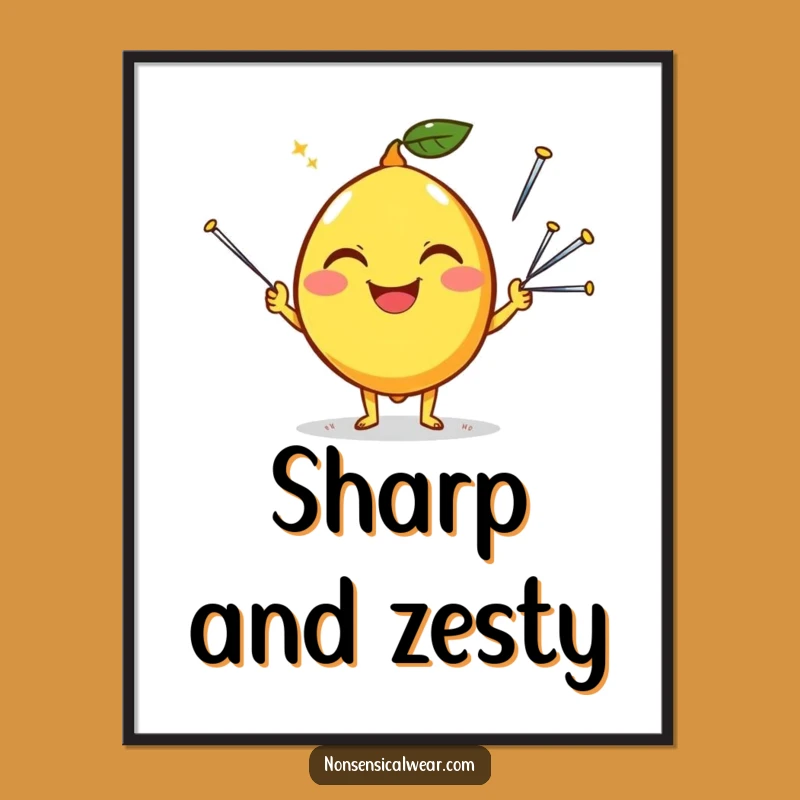 Funny Happy Lemon Juggling Needles Poster: Silly Citrus Art Print