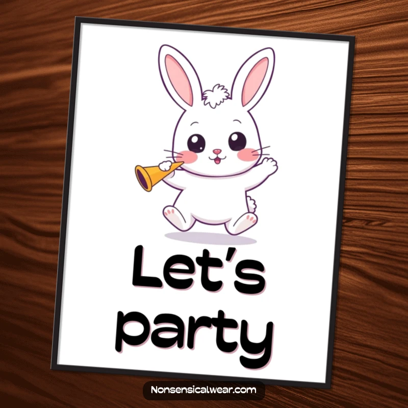 Funny Kawaii Bunny Poster: A cute kawaii bunny bounces with wide eyes, holding a party horn, ready for festivities.