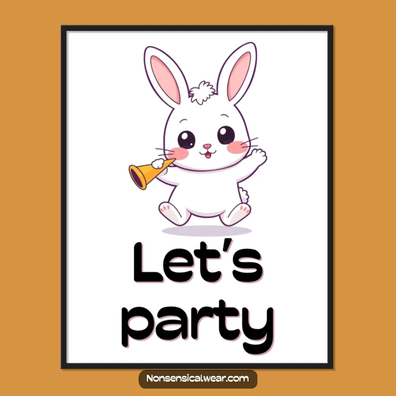 Funny Kawaii Bunny Poster: Bouncing Fun and Party Horns for Your Festive Walls