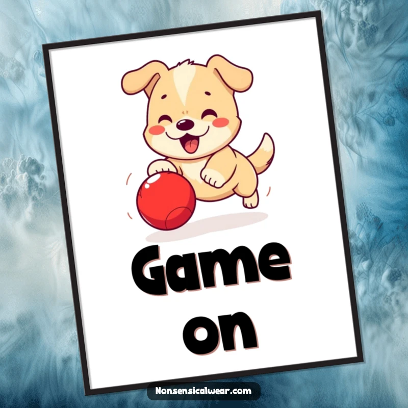Funny Kawaii Dog Poster: A cute kawaii dog is depicted in motion, excitedly chasing a bouncing red ball.