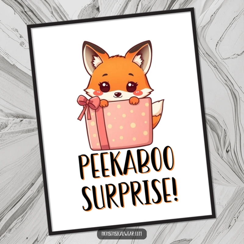 Funny kawaii fox peeking out from a big, colorful gift, bringing humor and cuteness to this poster, ideal for wall decor.