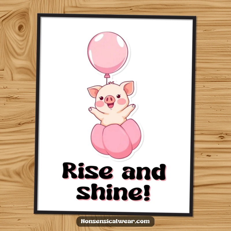 Funny kawaii piglet smiling and floating upwards on a balloon, a humorous and charming design on this poster, ideal for walls.