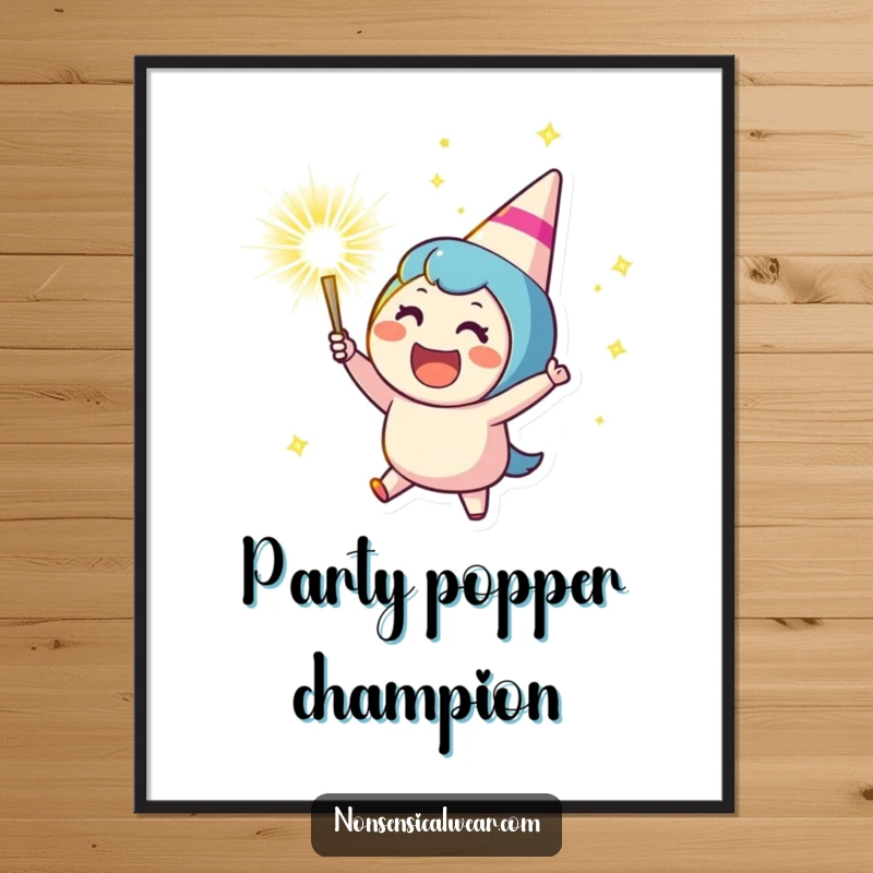 Funny poster depicting a cheering character joyfully launching a sparkling party popper, showering confetti and conveying a sense of pure, unadulterated celebration.