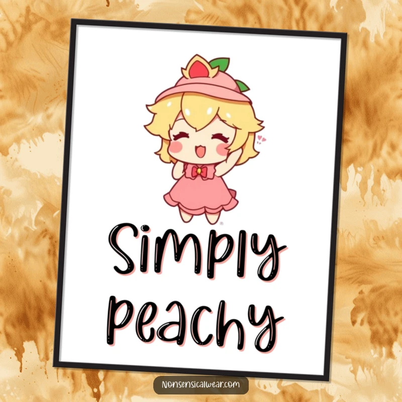 A playful peach character enthusiastically attempting to wear a tiny hat, creating a humorous and charming art print.