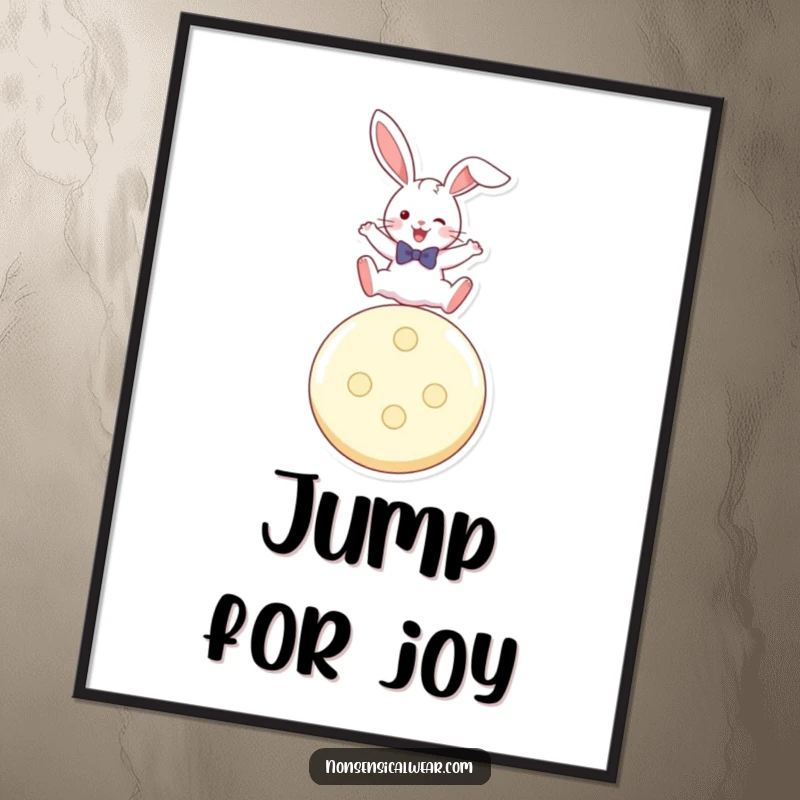 Funny poster depicting a playful rabbit in a bow tie, soaring over a giant button.