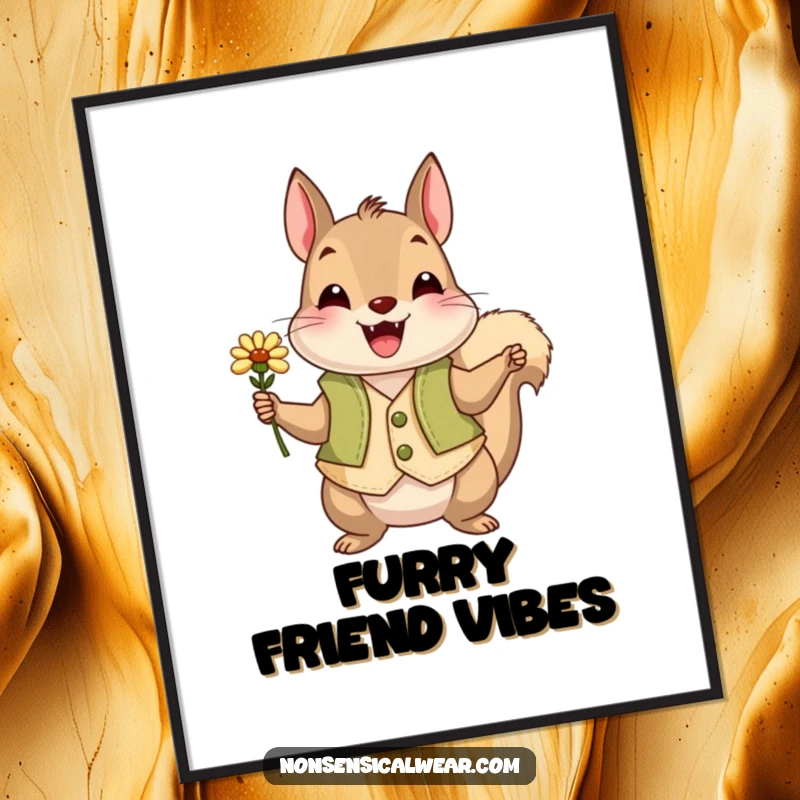 Funny squirrel wearing a vest presenting a flower, presented as a humorous and charming poster for decor.