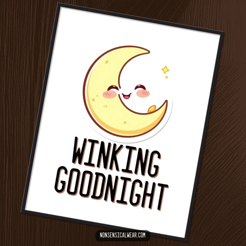 Funny poster art depicting a happy crescent moon character winking and spinning, radiating playful cosmic energy.