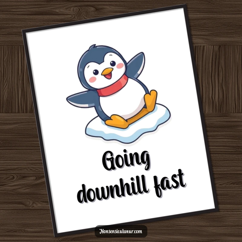 Funny poster art of a happy penguin character zooming down an icy slope, radiating winter joy and humor.