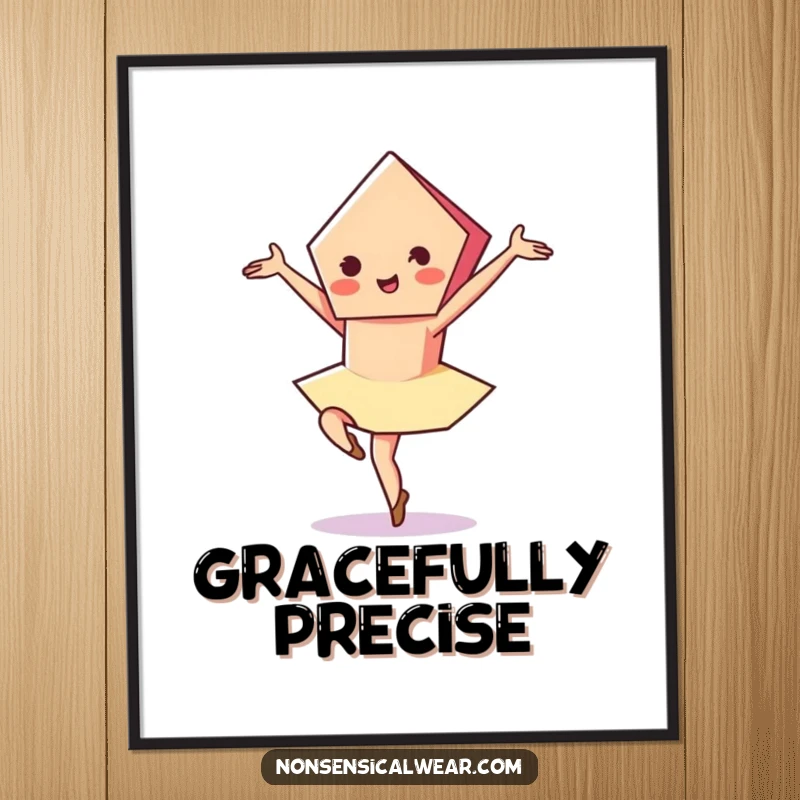 Funny poster showcasing a vibrant pentagon character in a graceful pirouette with a flourish, exuding elegance and artistic beauty.