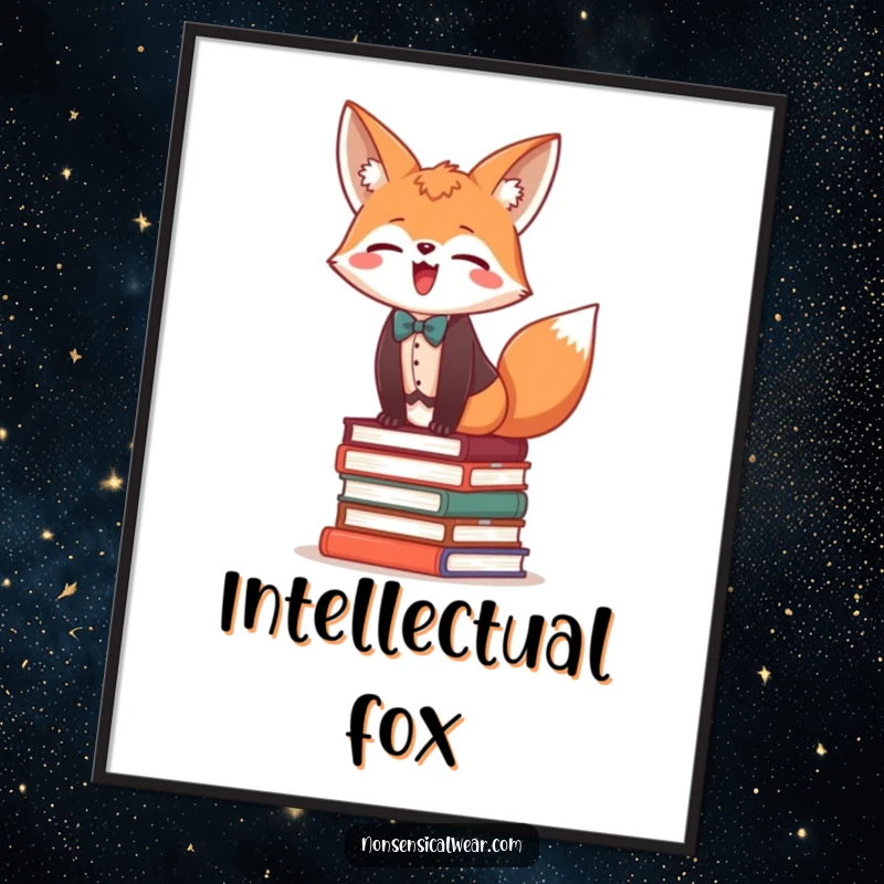 Funny poster of a giggling fox in a vest and bow tie, balancing on a stack of books.