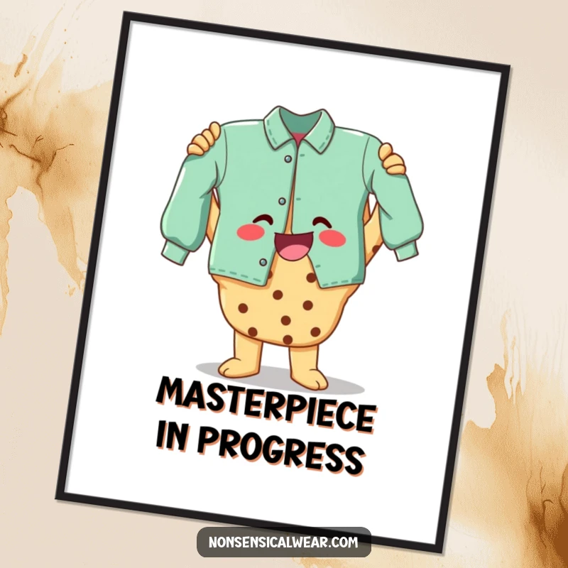 Funny poster featuring a joyful cookie character holding a finished garment, inspiring creativity and celebrating handmade art proudly.