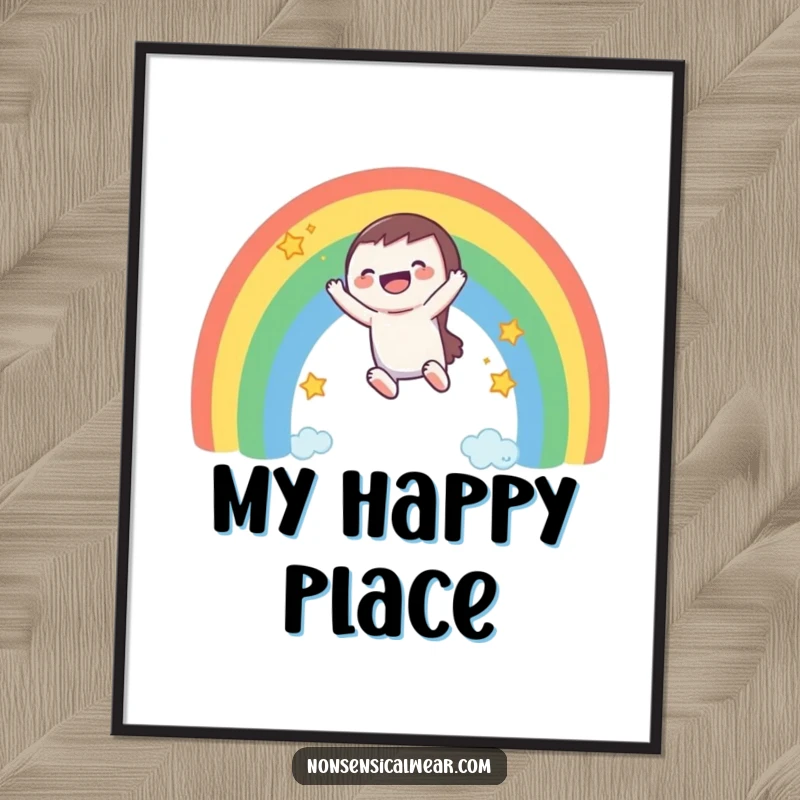 Funny poster: a laughing character slides down a vivid rainbow, with a playful trail of stars.